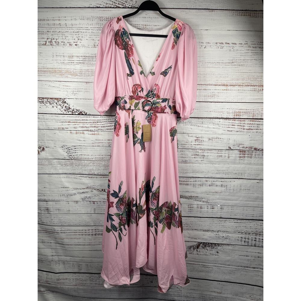 SooLinen Dress Women's Size M Pink Floral Maxi Puff Sleeve Belted V Neck